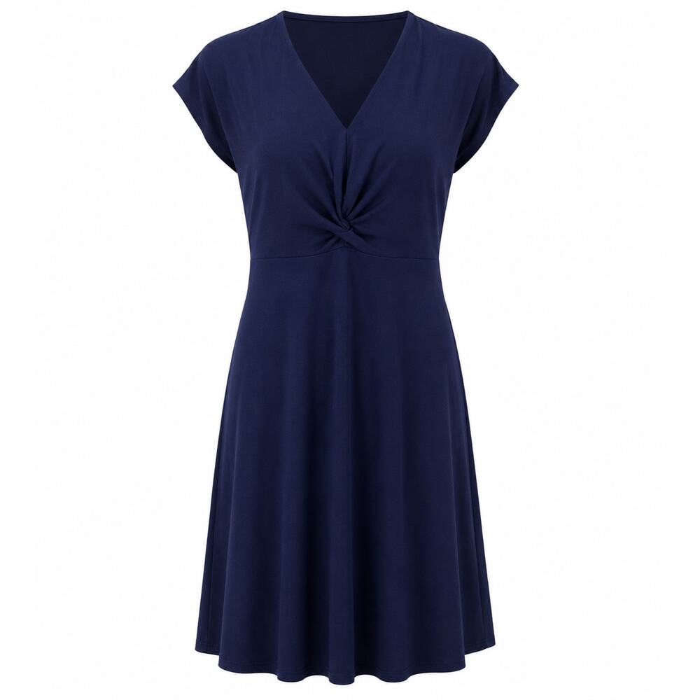 Tahari ASL Navy Fit & Flare Dress Size 12 Cap Sleeve V-Neck Career NWT - Picture 2 of 7
